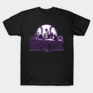 Retro Vintage Purple Seattle Baseball Cityscape T-Shirt